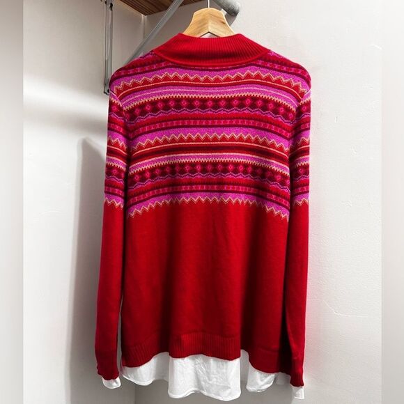 Isaac Mizrahi sweater shirt Mock-Neck Fair Isle Jacquard Red size M stylish cozy - Picture 1 of 15